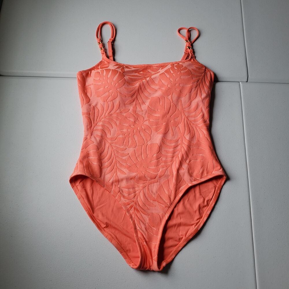 La Blanca Swimsuit Womens 14 Orange One Piece Textured Tropical Leaf Beaded